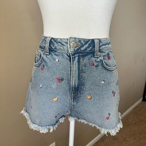 Embroidered Fruit Denim Shorts with Frayed Hem
